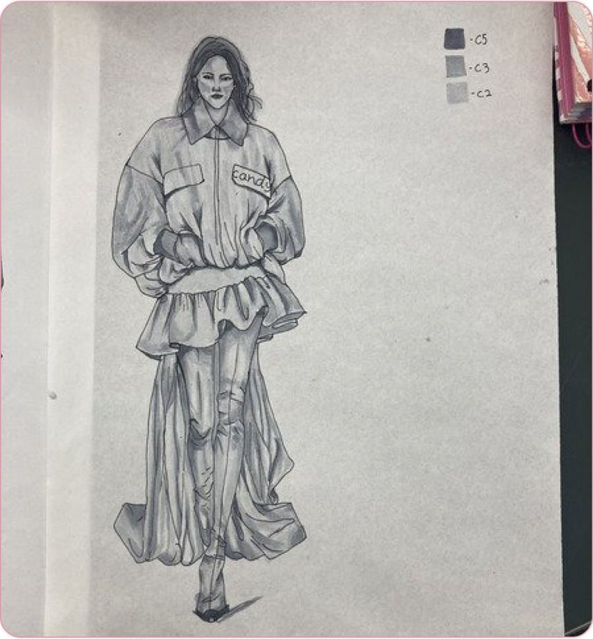 Pencil study of layered outerwear